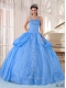 2014 Spaghetti Straps Blue Ball Gown Floor-length Taffeta and Organza Appliques Discount Quinceanera Dresses