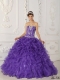 2014 Spring Quinceanera Dressses Ball Gown Ruffles and Appliques Satin and Oraganza Purple
