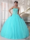 2014 Sweetheart Aqua Blue Floor-length Ball Gown Tulle Beading Discount Quinceanera Dresses