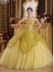 2014 Sweetheart Gorgeous Gold Ball Gown Floor-length Sequined Beautiful Quinceanera Dress With Tulle Handle Flowers