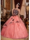 Affordable Watermelon and Black Strapless Floor-length Organza Embroidery For Sweet 16 Dresses