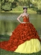 Appliques and Pick-ups Romanntic Red Brush Train Exquisite Style Quinceanera Dress