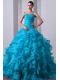 Aqua Blue A-Line Sweetheart Brush Train Pretty Quinceanera Dresses with Organza Beading and Ruffles