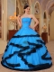 Aqua Blue and Black Strapless 15th Birthday Dresses Organza Appliques