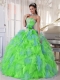 Ball Gown Spring Green and Blue Organza Sweetheart Appliques and Ruffles Discount Quinceanera Dresses