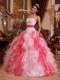Ball Gown Strapless Multi-colored Floor-length Organza Quinceanera Dress With Beading and Ruch