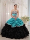 Brand New Turquoise and Black Ball Gown Floor-length 2014 Spring Quinceanera Dresses