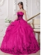 Coral Red and Black Ball Gown Strapless Quinceanera Dress with Organza Appliques