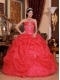 Coral Red Appliques Organza Sweetheart with Beading and Pick Ups Ball Gown Dress