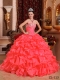 Coral Red Ball Gown Strapless Floor-length Organza Beading and Appliques Beautiful Quinceanera Dress