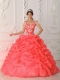 Coral Red Ball Gown Straps Satin and Organza Appliques 15th Birthday Dresses