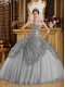 Discount Quinceanera Dress In Grey Ball Gown Sweetheart With Sequined and Tulle Handle Flowers