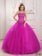 Elegant Ball Gown Strapless 15th Birthday Dresses Tulle Beading Fuchsia