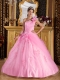 Elegant Pink Ball Gown One Shoulder Floor-length Appliques Tulle For Sweet 16 Dresses