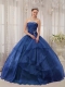 Fashinable Organza Strapless Beading Ball Gown Dress in Navy Blue