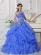 Fashinable Strapless Organza Beading Ball Gown Dress with Appliques and Ruffles in Blue