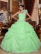 Fashionable One Shoulder Green Ball Gown Floor-length Organza Beautiful Quinceanera Dress With Appliques