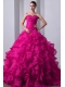 Fuchsia A-Line / Princess Sweetheart Brush Train Organza Beading and Ruffles Quinceanea Dress