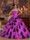 Fuchsia and Black Ball Gown Strapless Quinceanera Dress with Organza