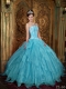 Gorgeous Ball Gown Strapless 15th Birthday Dresses with Appliques Organza Aqua Blue