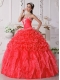 Gorgeous Coral Red Ball Gown Swett-heart Floor-length Organza Embroidery Beading Quinceanera Dress