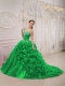 Green Ball Gown Spaghetti Straps Court Train Pretty Quinceanera Dresses with Organza Beading