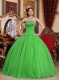 Green Ball Gown Strapless Floor-length Tulle Embroidery with Beading For Sweet 16 Dresses