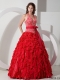 Halter Top Bowknot Embroidery Ball Gown Red Chiffon Spring Quinceanera Dresses 2014