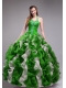 Halter Top Orangza Applqiues and Ruffles Ball Gown Dress in Green and White