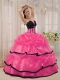 Hot Pink and Black Ball Gown Strapless 15th Birthday Dresses Satin and Organza Beading