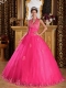 Hot Pink Ball Gown Halter 15th Birthday Dresses Appliques Tulle