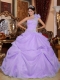 Lavender One Shoulder Appliques Organza Ball Gown Dress with Hand Made Flower and Ruching