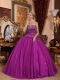 Lovely Fuchsia Ball Gown Floor-length Taffeta and Tulle Appliques Cheap Quinceanera Dresses