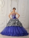 New Styles In Blue Ball Gown With Chapel Train Zebra and Organza Quinceanera Dress