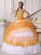 Orange and White Ball Gown Strapless 15th Birthday Dresses Taffeta and Organza Appliques