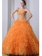 Orange Red A-Line Sweetheart Brush Train Pretty Quinceanera Dresses with Organza Beading and Ruffles
