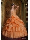 Orange Sweetheart Organza Ball Gown Beadings and Ruffles Straps