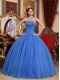 Perfect Blue Ball Gown Strapless With Tulle Embroidery And Beading Discount Quinceanera Dress
