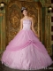 Pink Ball Gown Strapless 15th Birthday Dresses Appliques Tulle