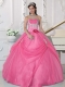 Pink Ball Gown Strapless Pretty Quinceanera Dresses with Taffeta and Organza Appliques and Hand Made Flower