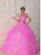 Pink Ball Gown V-neck 15th Birthday Dresses Taffeta and Organza Appliques with Beading