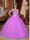 Popular Sweetheart Tulle and Taffeta Beading and Ruchinf Ball Gown Dress in Pink