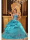 Quinceanera Dress In Teal Ball Gown Strapless With Organza Beading In Classical Style