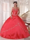 Red Ball Gown Halter With Taffeta Appliques Classical Quinceanera Dresses