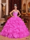Rose Pink Ball Gown Strapless 15th Birthday Dresses Organza Beading and Appliques