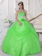 Spring Green Strapless Taffeta and Tulle Appliques and Hand Made Flower Ball Gown Dress