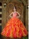 Strapless 2014 Spring Quinceanera Dresses Orange Red Beadings and Ruffles Organza Ball Gown