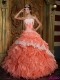 Strapless Ball Gown Orange Red Appliques Ruffles Organza Spring Quinceanera Dresses