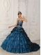 Strapless Teal Ball Gown Chapel Train Appliques And Beading Beautiful Quinceanera Dress In Taffeta and Organza
