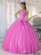 Sweet 16 Dresses In Rose Pink Ball Gown Sweetheart With Tulle Beading and Bowknot